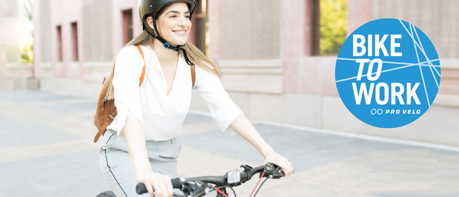 Eine Frau auf einem Fahrrad. Daneben das «bike to work»-Logo.